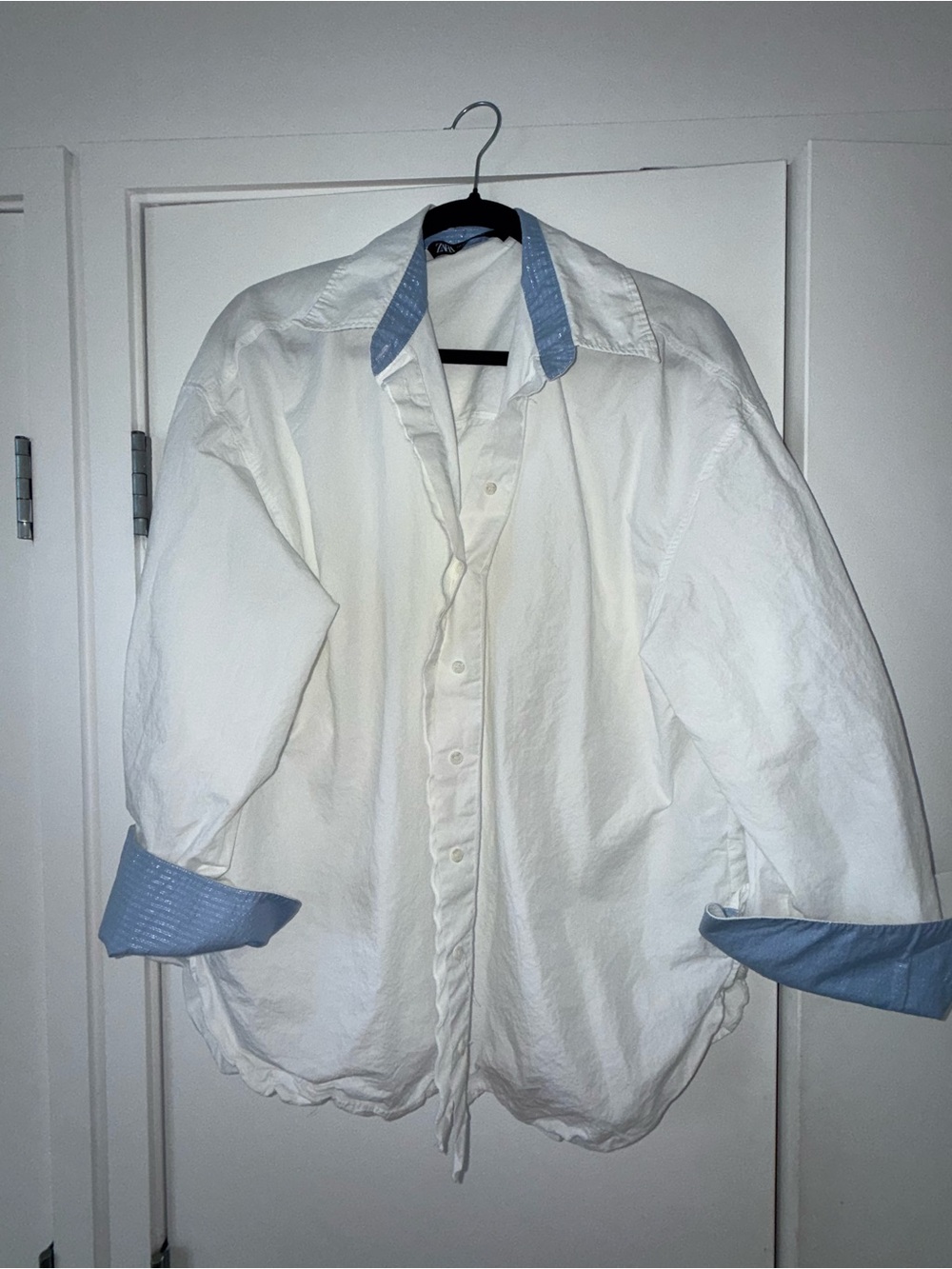 White Women’s Button-Up Shirt with Light Blue Trim